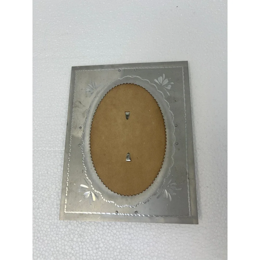Vintage Etched Aluminum Picture Frame Oval Opening Easel Back Art Deco Floral